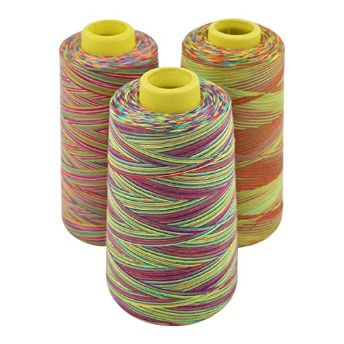 Rainbow Variegated Polyester Sewing Machine Thread - All-Purpose 3 Cones of 3000 Yards Each for Sewing, Quilting, Overlock, Embroidery & Hand Embroidery