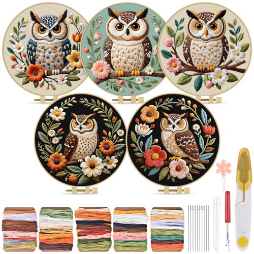 TINDTOP 5 Pack Embroidery Kit for Adult, Embroidery DIY Starter Kit, with Stamped Patterns, Hoop, Tools, Colorful Threads with Needles, Instructions - color: Owl