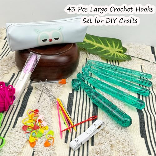 43 Pcs Large Crochet Hooks Set,12mm 15mm 18mm 20mm 25mm Large Crochet Hooks for Chunky Yarn,Plastic Crystal Smooth Big Crochet Needles for Handmade DIY Crochet with Storage Bag - color: Green