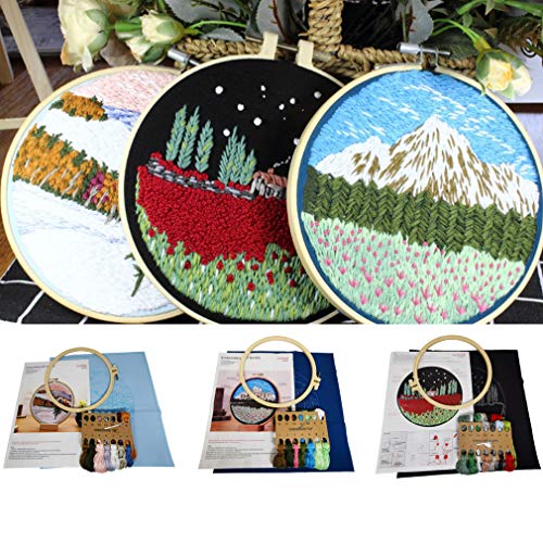 SUQUUB 3 Sets Embroidery Starter Kit with Pattern and Instructions,Cross Stitch Beginner Kits with Frame,3 Plastic Embroidery Hoops,3 Embroidery Clothes and Color Threads (3X Landscape Pattern) - color: 3X landscape pattern