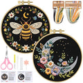 ERKOON Embroidery Kit for Beginners Adult, 2 Set Flower Cross Stitch Set Include Embroidery Cloth Hoops Threads for Craft Lover Hand Stitch with Embroidery Skill Techniques (Bee Moon) - color: Moon and Bee