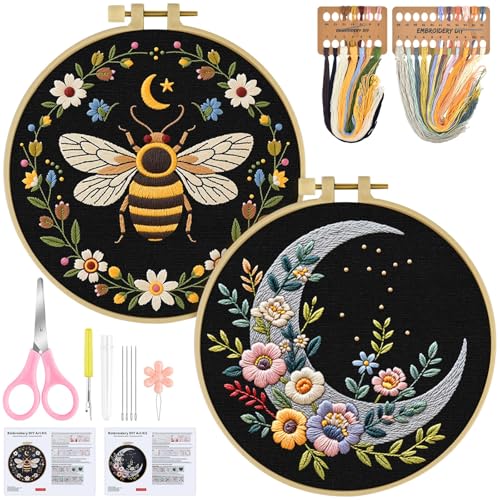 ERKOON Embroidery Kit for Beginners Adult, 2 Set Flower Cross Stitch Set Include Embroidery Cloth Hoops Threads for Craft Lover Hand Stitch with Embroidery Skill Techniques (Bee Moon) - color: Moon and Bee