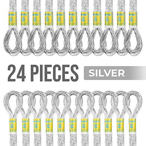 New ThreadNanny 24 Metallic Silver Skeins 100% Cotton Metallic Thread for Hand Embroidery - color: Silver Floss