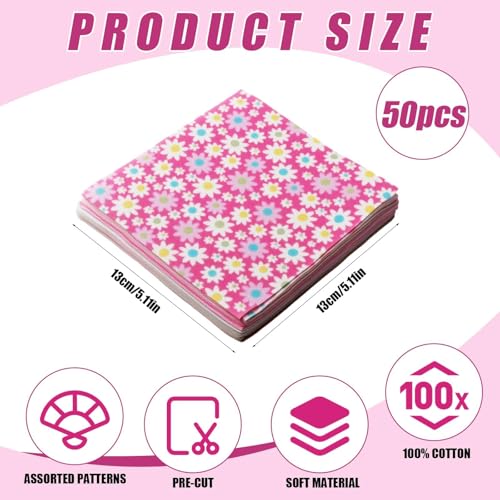 50PCS Pink Floral Quilting Fabric Cotton Fabric Squares Random Style -