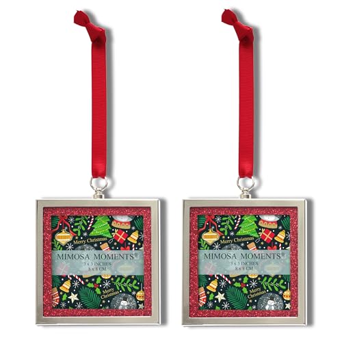 2-Pack 3x3 Silver Red Glitter Bling Picture Frame Ornaments - color: Silver With 2 Red Glitters Mat