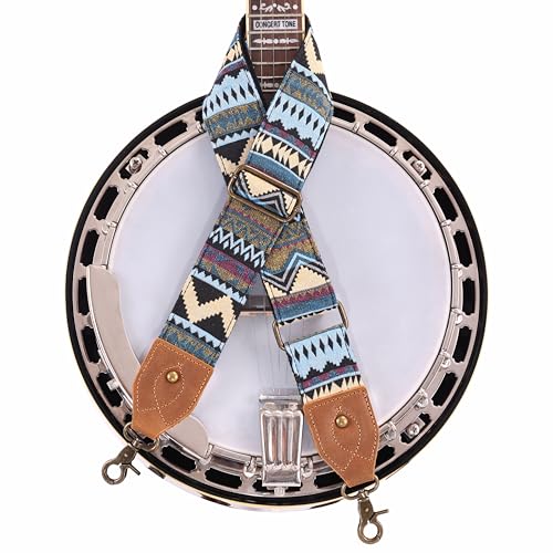 Nefelibata Banjo Strap,2"Wide Double Crazy Horse Leather Jacquard Embroidery Strap Adjustable Replacement,Multi-pattern Strap With Metal Clips - color: A#-Ethnic Green-01