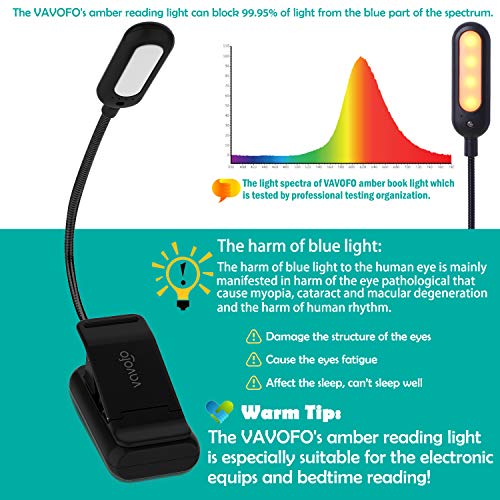VAVOFO Amber Rechargeable Reading Light, Blue Light Blocking Book Light, 7 LEDs Eye Care 9 Colors 9 Brightness Clip On for Kids Bookworms Reading in Bed with Power Indicator Lasting 70h (Black) - size: 1-Pack Black