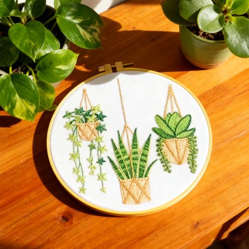 BEUNITONE 4 Set Embroidery Kit for Beginners, Vase Plants Cross Stitch Kits, Needlepoint Kits for Adults with Instructions and Full Kit, Creative Hand Embroidery Patterns for Cloth and Home Decor - style: B-Potted Plant