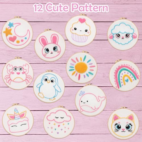 Louise Maelys Embroidery Kit for Beginners, 12 Packs Pre-Printed DIY Sewing Craft Kit,Kids Girls Cross Stitch Kit with Hoop, Threads, Needles and Scissors, Cute Animal & Cartoon Patterns, Ages 8+ - color: Kit-3