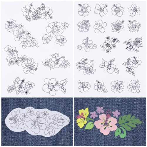 CRASPIRE 2 Sheets Hibiscus Flower Water Soluble Embroidery Patterns Stabilizers Tropical Hand Sewing Stick and Stitch Transfers Fabric Wash Away Pre-Printed Self Adhesive for Bags Cloth Sewing Lovers - style: 2 Sheets Hibiscus Flower