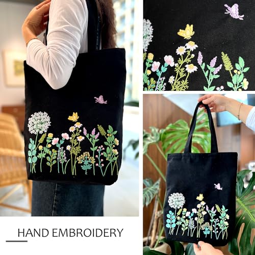Canvas Tote Bag Embroidery Kit, Embroidery Kit for Beginners Adults, Embroidery Starter kit with Flower Pattern, Canvas Bag Cross Stitch Kits, Cross Stitch Kit with Hoops, Color Threads and Tool - color: Black Green