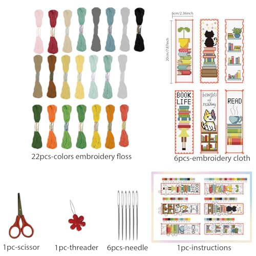 FREEBLOSS 6 Set Cross Stitch Bookmark Kit 8"x2.4" 11CT Cat on Books - style: Books&Cats