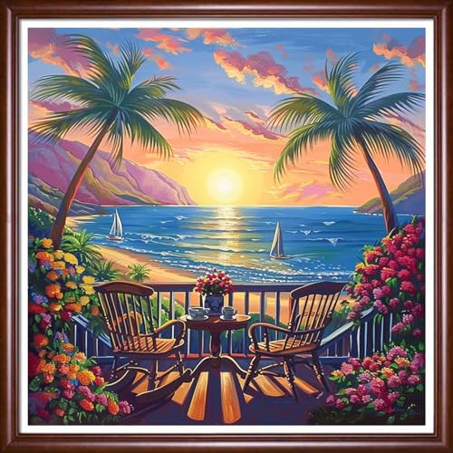 Redxing Stamped Cross Stitch Kits Full Range of Embroidery Starter Kits- Needlepoint Counted Cross Stitch Kits for Beginner Adults 11CT Printed Embroidery Kit-Sunset Afternoon Tea 18x18 inchs - color: DIYArtsKit02