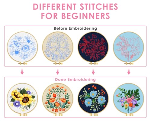 TINDTOP 4 Sets Embroidery Kit for Adults, Floral Embroidery Practice Kit for Beginners Include Embroidery Cloth Hoops Threads for Craft Lover Hand Stitch with Embroidery Skill Techniques - color: Flowers