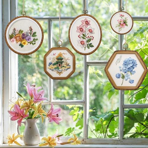 12Pcs Embroidery Hoop Frame, 12 Sizes Imitated Wood Cross Stitch Hoop, Round Oval Octagonal Embroidery Hoop for Cross Stitch, DIY Sewing Craft, Hanging Ornaments Decor, 5 Shape