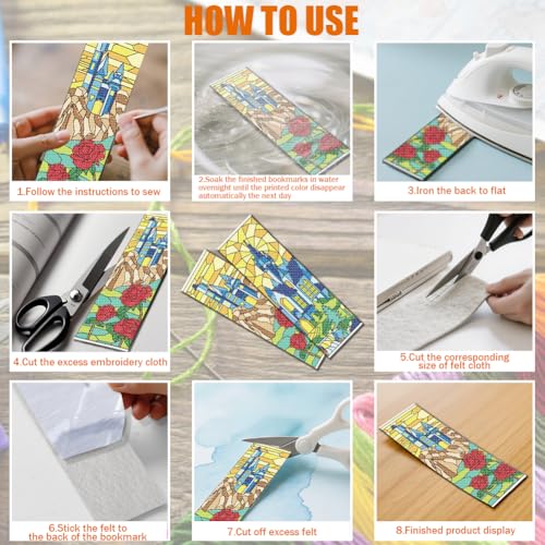 FREEBLOSS 6 Set Cross Stitch Bookmark Kit 11 CT Stamped Cross Stitch Kit DIY Embroidery Bookmark Kits for Adult Beginners with Instructions, Stained Glass Castle Pattern, 6 x 20 cm/8" x 2.4" - style: Colored Glass Castle