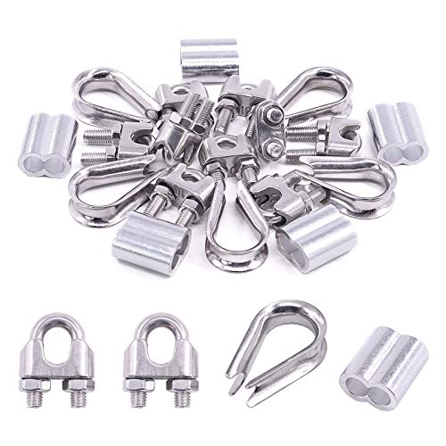 Swpeet 24Pcs M10 (3/8") Wire Rope Accessory Set, Included M10 Wire Rope Cable Clip Clamp, M10 Stainless Steel Thimble, 10mm Aluminum Crimping Loop Sleeve Perfect for 1/8 inch Wire Rope Cable (M10) - size: M10