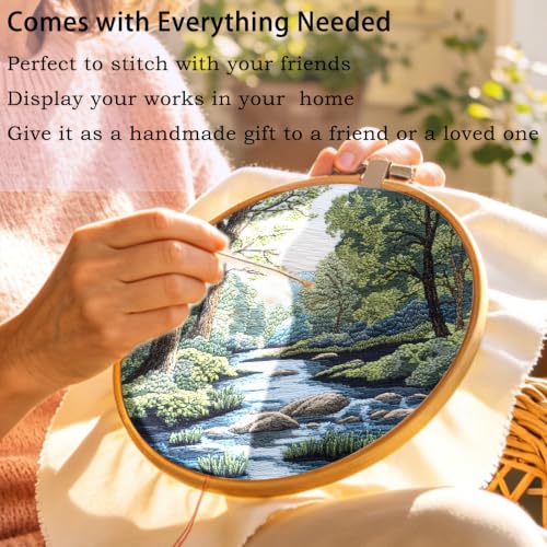 FONNUY Embroidery Kit for Beginners, Boho Nature Landscape Pre-Stamped Pattern Kits for Adults with Hoop, Easy to Follow Color Thread Needlework, 8'' Hoop (Verdant Riverside) - color: Verdant Riverside