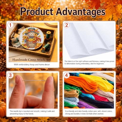 Scarecrow Stamped Cross Stitch Kits for Adults Beginners with Hoop Frame - color: Fall Scarecrow Cross Stitch with Framed