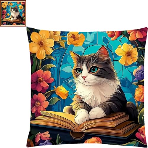 Fanxvivy Stamped Cross Stitch Kits for Adults Beginners Pillow Needlepoint Kit with Embroidery Pattern Needlework Kit Prestamped Stitches Kit 11CT Cross Stitching-Cat Flowers 18x18 inchs - color: Pre-pattern 43