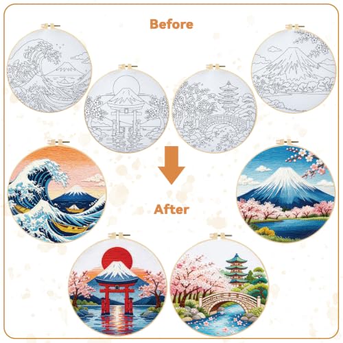 BEUNITONE 4 Pcs Embroidery Kit for Beginner, Ukiyo-e Style Landscape Wave Pattern Embroidery Materials, Cross Stitch Set with Cloth, Thread, Needle and Hoop Tools for Friendship Gift and Home Decor - style: C-Ukiyo Scenery