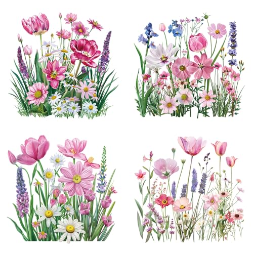 Flower Iron on Transfer Patches for T-Shirt 4 Packs Pink Wildflower Dtf Transfers Ready to Press, Tulip Lily Floral Leaf Iron on Appliques Patches Spring Flower Heat Transfer Vinyl Decal for DIY Craft - color: Pink Wildflower B