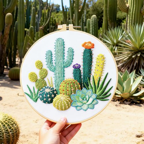 BEUNITONE Cactus Embroidery Kit for Beginners, 6PC Succulent Plant Themed Needlepoint Kits for Adults with Hoops, Threads, Needles, Instructions and Full Kits, DIY Home Decor Craft Gift for Adults - style: Cactus