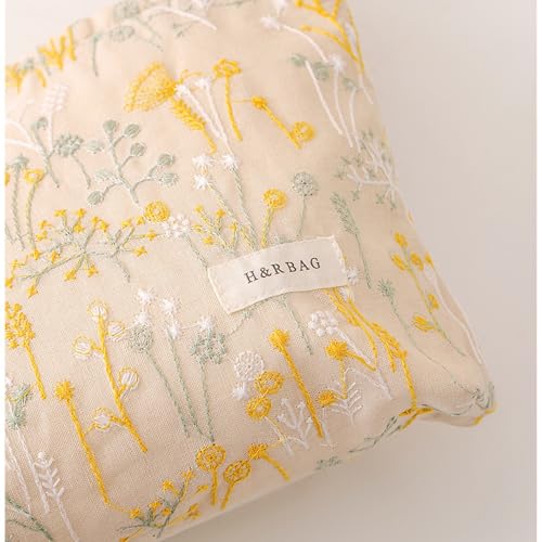 RANIT Chic Plant Embroidery Canvas Cosmetic Bag - Ramie Linen Handheld Travel Toiletry Organizer (Beige, Large) - color: Beige, size: Large