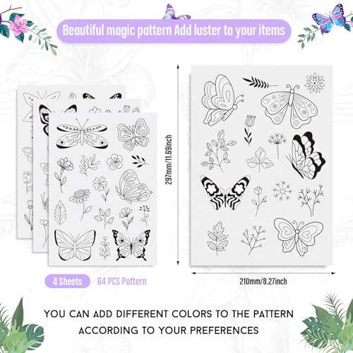 Magibeads 64 Patterns Butterfly Flower Water Soluble Embroidery Patterns Spring Theme Stick and Stitch Transfer Embroidery Paper for Adult Beginners Hand Sewing Starter Kit - color: Flower & Butterfly #2
