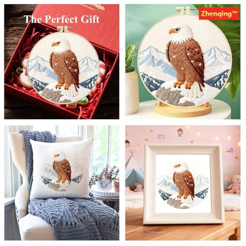 Zhenqing Bald Eagle Embroidery Kit for Beginners, Wildlife Mountain Needlework Craft with Pre-Printed Cotton Fabric, Hoop, Threads & Tools (C0211) - color: Bald Eagle