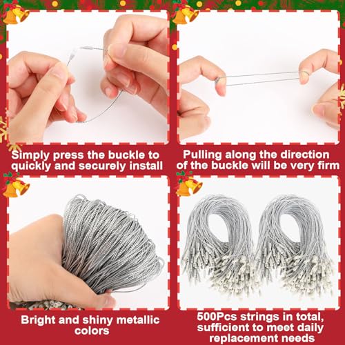 FEBSNOW 500Pcs Christmas Ornament Hangers, Silver Hanging String with Snap - color: Silver