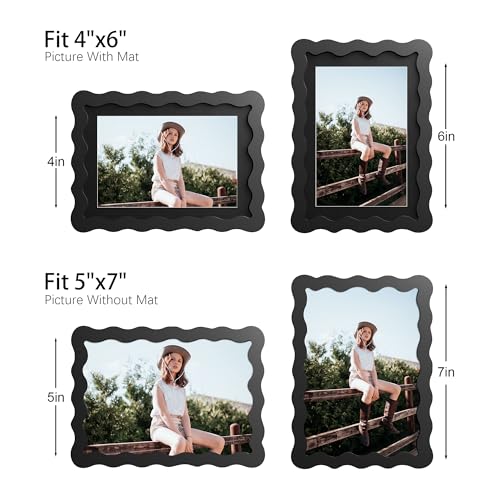 5x7 Picture Frame with Mat for 4x6, Wavy Edge Wooden Real Glass Photo Frame for Tabletop and Wall Hanging, Black, 1 Pack - color: Black, size: 5x7 in