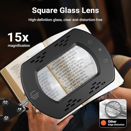 LIWEIGHT 15X Magnifying Glass with [Auto-Timer], Rectangular Real Glass Lens, 5 Color Dimmable Lamp with Stand & Clamp, Professional Hands-Free Magnifier for Reading, Sewing