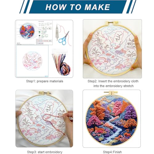 Zhenqing Mountain Landscape Embroidery Kit 4 Pack, Seasonal Scenery Craft Set with 20cm Hoop, Printed Designs on 29x29cm Cotton Fabric, DIY Nature Wall Art (JC0166)