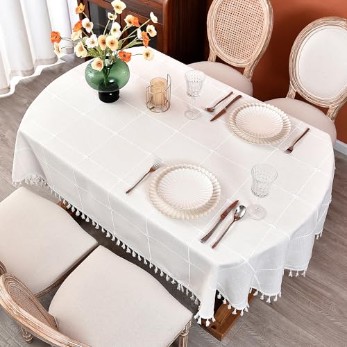 Plaid Farmhouse Oval Tablecloth 54 x 72 Inch, Checkered Cotton Linen Heavy Weight Table Covers Cloths for Kitchen Dining Room Party Oval Tables - color: Off-white, size: 72" x 54" (Oval)