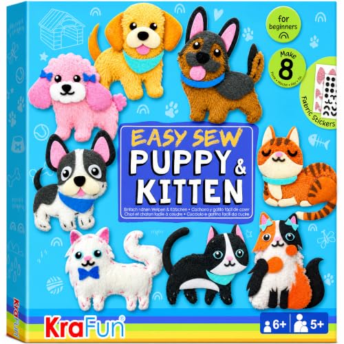 KRAFUN Puppy & Kitten Sewing Kit for Kids Ages 6+ | 8 Dolls - color: Puppy & Kitten