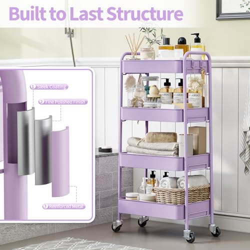 TOOLF 4 Tier Metal Rolling Cart, Utility Storage Cart with Wheels, Purple - color: Purple, size: 4-Tier