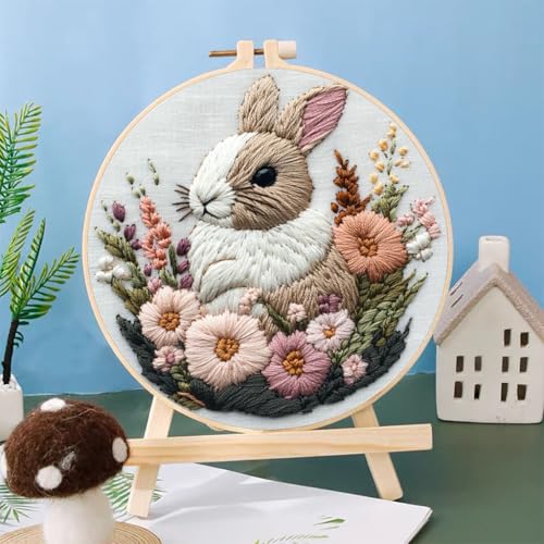 Punch Needle Kits Rabbit in Flowers 20x20cm-2
