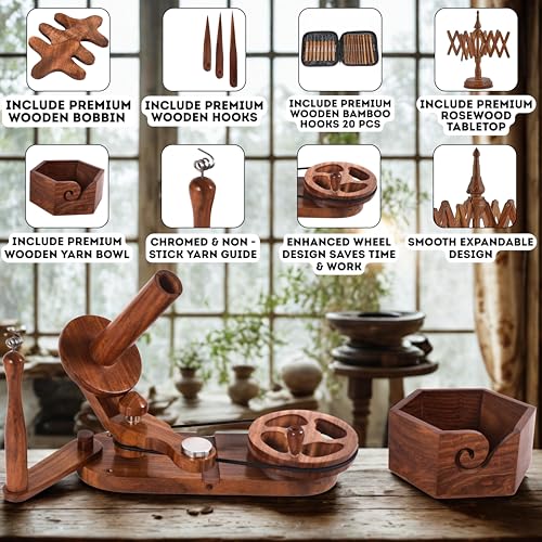 Brainmart Rosewood Yarn Winder & Swift with Wooden Yarn Bowl – 30pcs Crochet Kit | Handcrafted Wooden Ball Winder, Crochet Hooks Set, Bobbins, Weaving Needles for Knitting, Crocheting & Weaving