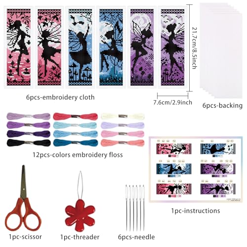 ORIGACH 6 Set Fairy Silhouette Cross Stitch Bookmark Kit for Beginner - style: Fairy Silhouette