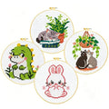 Zhenqing 4 Cute Animal Cross Stitch Kit for Beginners, 11CT Printed 24x24cm with Hoop, Dinosaur Cat Bunny Embroidery Set（68123）