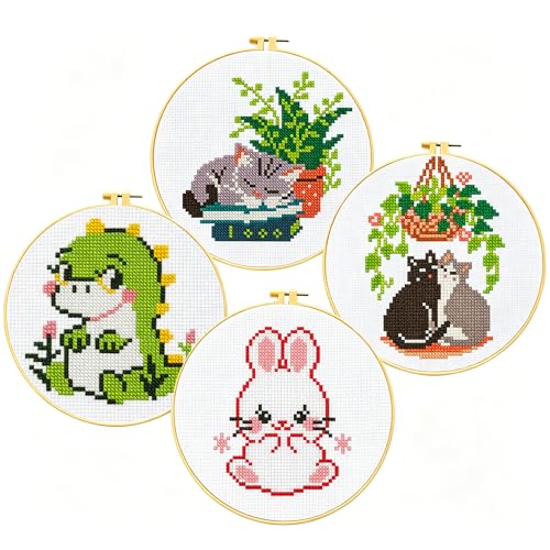 Zhenqing 4 Cute Animal Cross Stitch Kit for Beginners, 11CT Printed 24x24cm with Hoop, Dinosaur Cat Bunny Embroidery Set（68123）