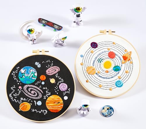 Armindou Embroidery Kit for Adults Beginners, Hand Embroidery Starter Kit with Solar System Patterns, Counted Stamped Cross Stitch Needlepoint Kit for Beginner Adult, 2 Set Embroidery Supplies/Hoop - color: Solar System, size: 8inch