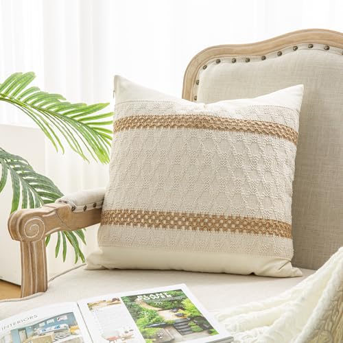 Throw Pillow Covers 16 x 16 Inch 1PC for Farmhouse Living Room, Cotton & Burlap Textured Striped Woven Boho Pillow Covers (Beige & Brown, Double Striped) - color: Double Striped, size: 16" x 16" (Pack of 1)