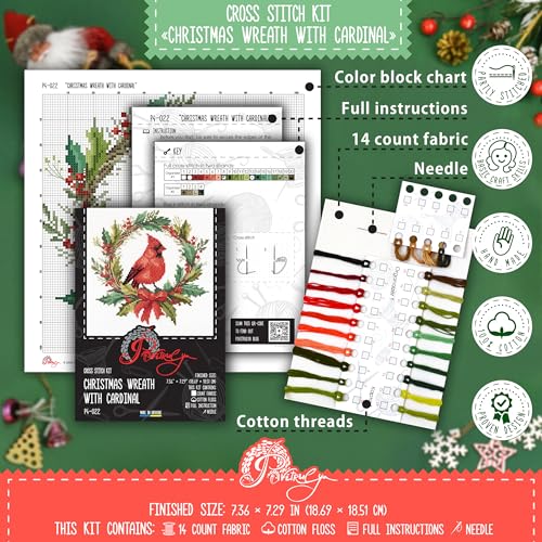 Christmas Wreath with Cardinal Bird - DIY Counted Cross Stitch Kit