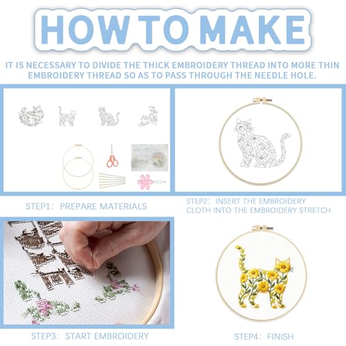 FREEBLOSS 5 Sets Embroidery Kit for Beginners Needlepoint Flower Cat Stamped Embroidery Starter Kit with Instructions, Needles, Threads, 2 Hoops 11.6"/29.5CM