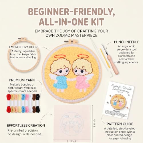 Harimau Punch Needle Kit Twelve Zodiac Signs Pattern,1Pc Embroidery Hoop, Essential Punch Needle Supplies,Ideal Punch Art for Beginners,DIY Adults Embroidery, Video Teaching - color: 65277