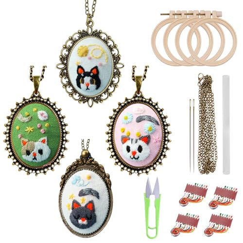 ZOCONE New 4 Packs Embroidery Necklace Kits, Embroidery Pendant Kit Mini Cross Stitch Kit with Hoop, Necklace, Pendant, Stamped Pattern Cloth, Instructions, etc., Embroidery Kits for Adults - color: I