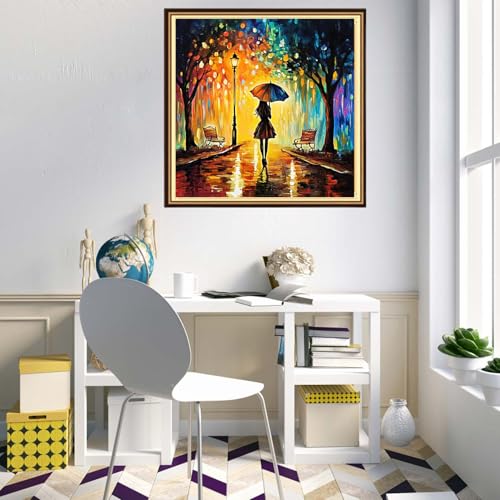 Redxing Counted Cross Stitch Kit for Beginners,Unprinted Needlepoint Kits for Beginners Cross Stitching Embroidery Kit 11CT Stitches kit-Silhouette of a Girl on a Rainy Night 18x18 inch - color: KitsColor12