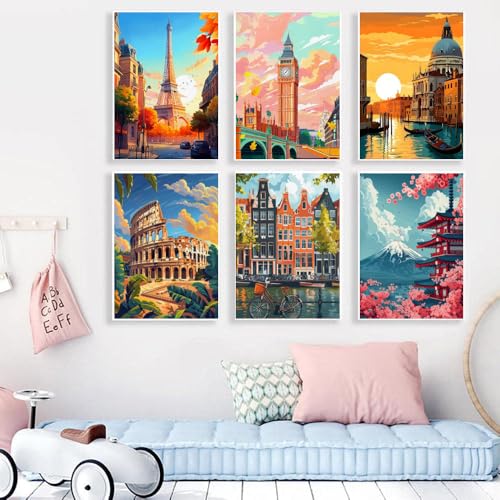 6 Pack Famous Cityscape Stamped Cross Stitch Kits for Adults Beginners - color: Famous Urban Landscapes